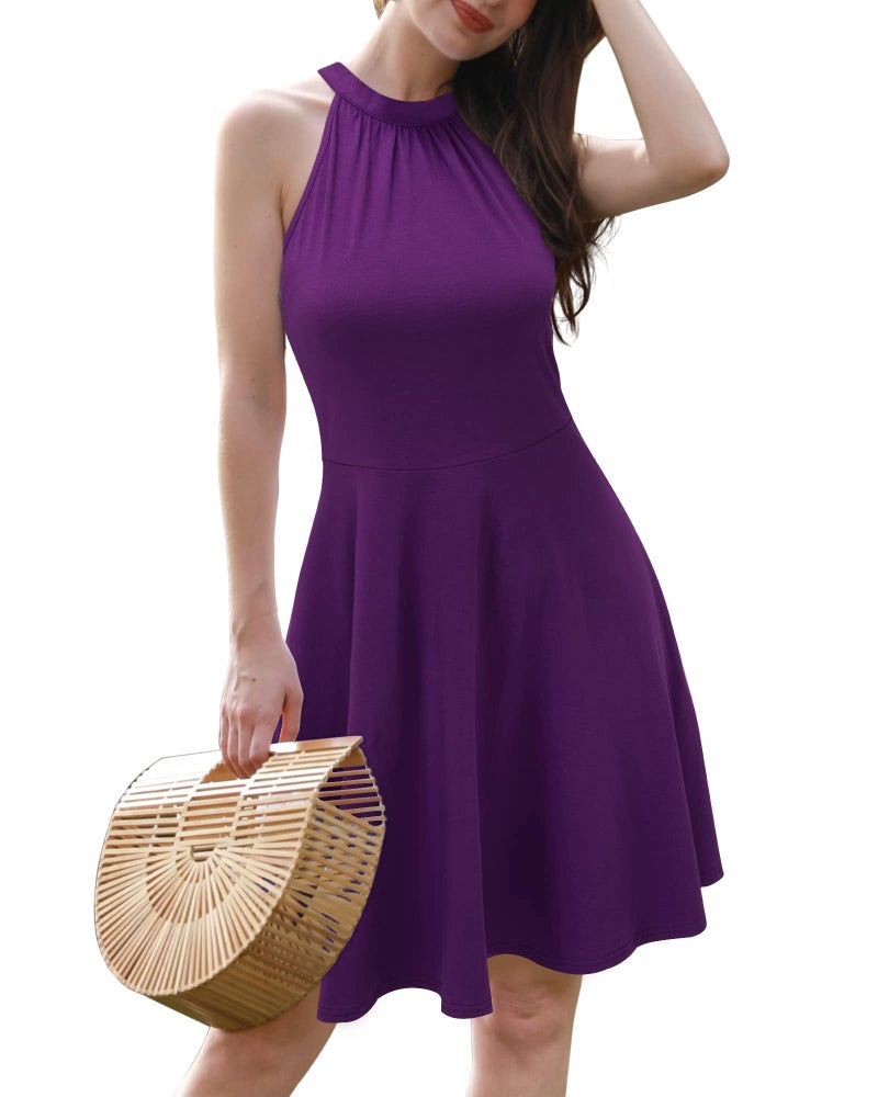 OUGES Women's 2026 Summer Fashion Purple Halter Neck Sleeveless Tie Back Swing A-Line Sundress Graduation Dress(Purple,M) - Image 2